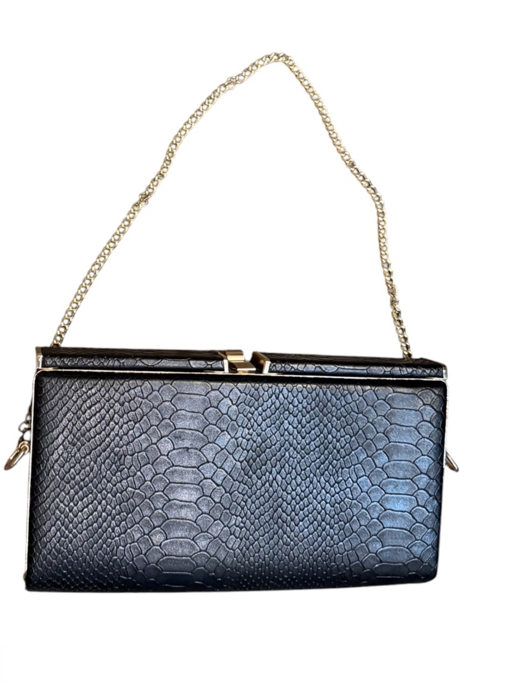 SNAKESKIN Clutch Black Gold Hardware Detachable Chain Strap Structured Snap
